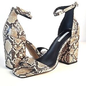 Chelsea & Violet Tara Leather Snake Print Block Heel Ankle Strap Sandal